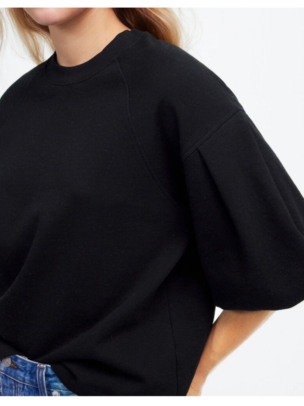 Madewell Navy Short Puff Sleeve Crew Neck Sweatshirt